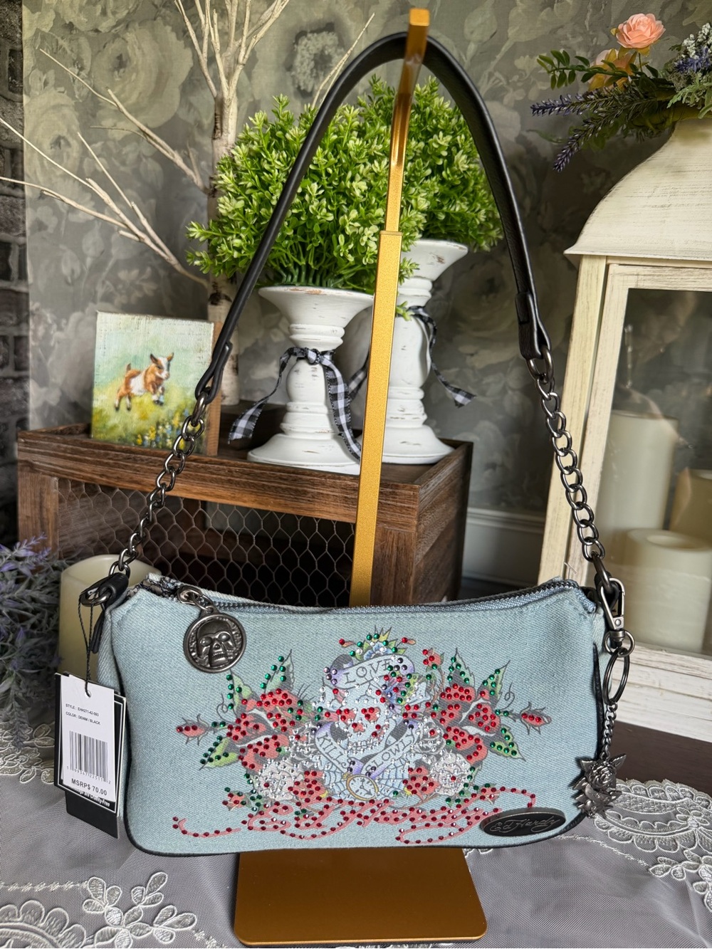 NWT Ed Hardy Denim “Love Kills Slowly” Shoulder Bag Purse